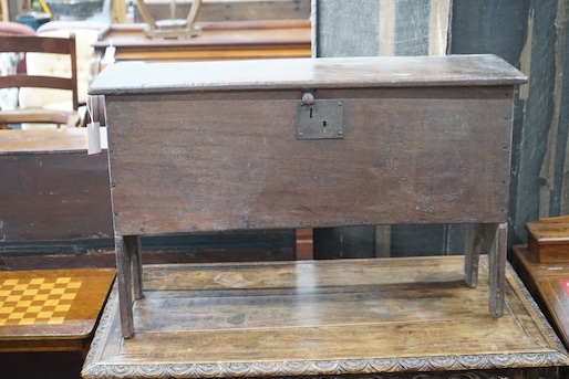 A 17th century oak six plank coffer, length 97cm, depth 34cm, height 61cm